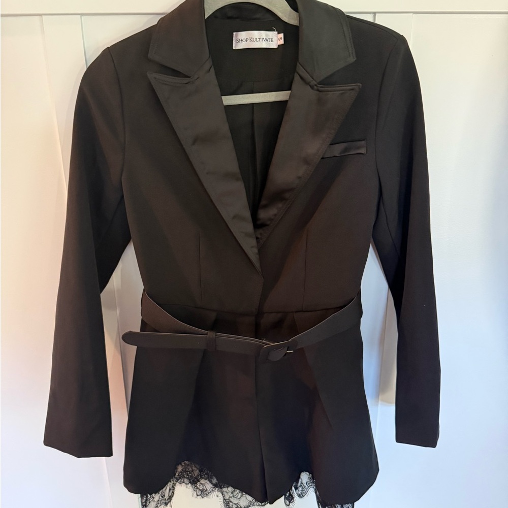 Sexy Black Tuxedo Romper with Lace Trim